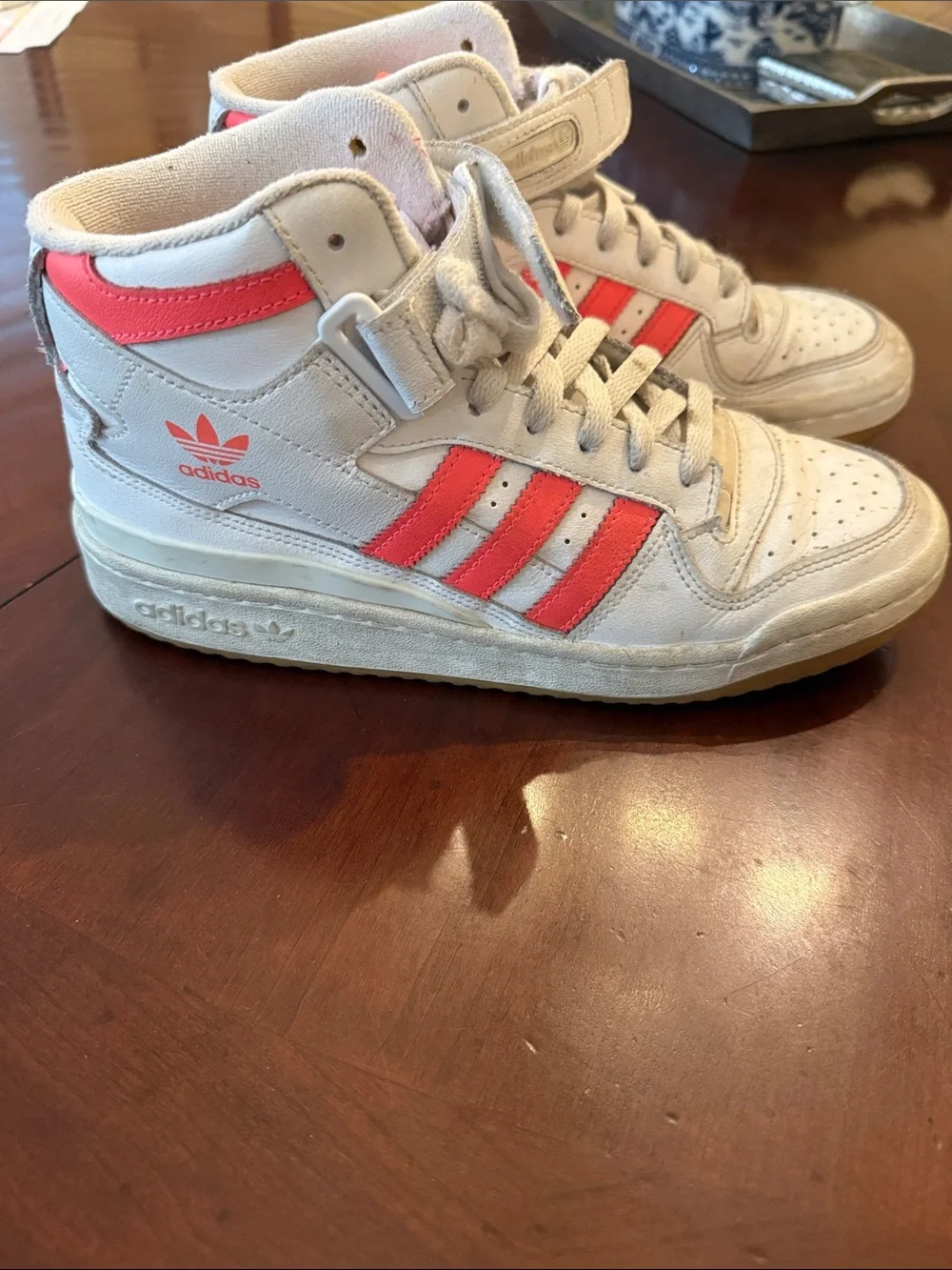 Adidas Forum Women’s Mid-Top Sneakers in White and Coral Pink